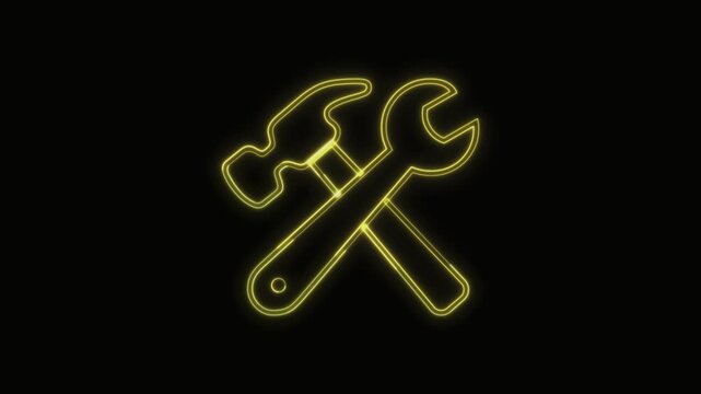  Hammer and Wrench Icon Neon Seamless Loop 4K with Black Background Animated Promotional Typography for Video Editing