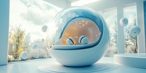 Futuristic Capsule Bed in Bright Modern Room with Large Windows and Floating Spheres