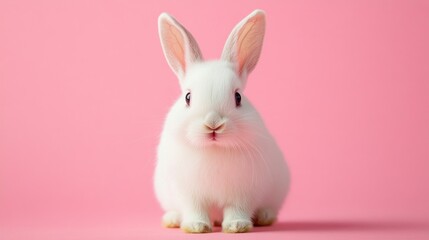 A white rabbit with pink ears on a bright background — an illustration for children's books, toy advertisements, and postcards.