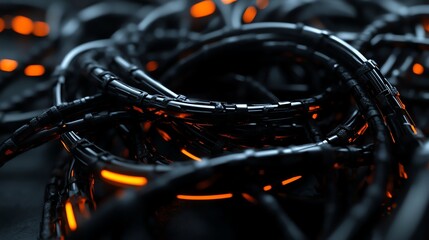 Futuristic Black Cables with Glowing Orange Lights in a Tech Environment