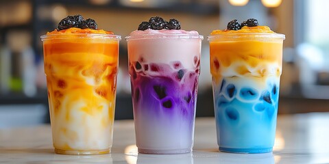 Colorful Bubble Tea Drinks in Clear Cups with Toppings on Bright Counter