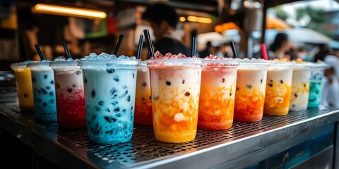 Colorful Bubble Teas with Ice and Straw on Market Stall