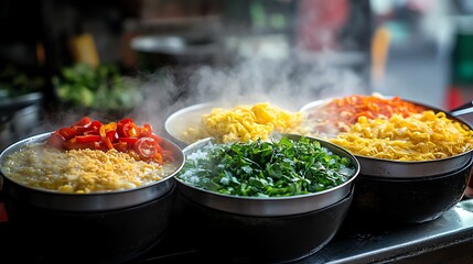 Steaming Bowls of Noodles and Vegetables in a Modern Kitchen