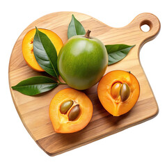 Fresh green apple and sliced yellow fruits with seeds on a wooden cutting board isolated on transparent background