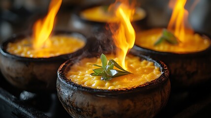 Traditional Clay Bowls with Spicy Lentil Soup and Flames in a Restaurant Setting