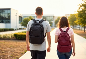 Two students with backpacks walk along campus path at golden hour