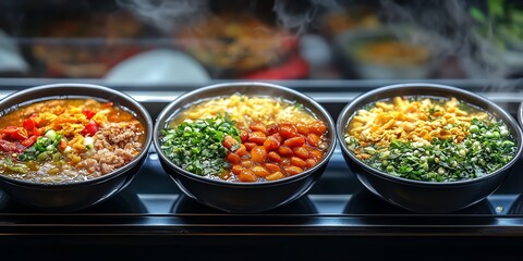 Three Asian Noodle Soup Bowls with Vegetables and Toppings Steaming on a Black Tray in a Restaurant Setting