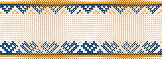 Cozy Knitted Christmas Horizontal Border Banner with Scandinavian Ornaments. Yellow and Blue Sweater Background Holiday Pattern. Ugly Sweater Style fair isle, Knit Design Vector Illustration © svsunny