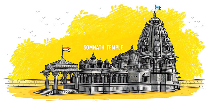 Somnath Temple Detailed Line Vector Art with Sea Shore, Triveni Sangam, and Lighthouse &ndash; Hand Drawn Heritage Illustration for Indian Cultural Designs