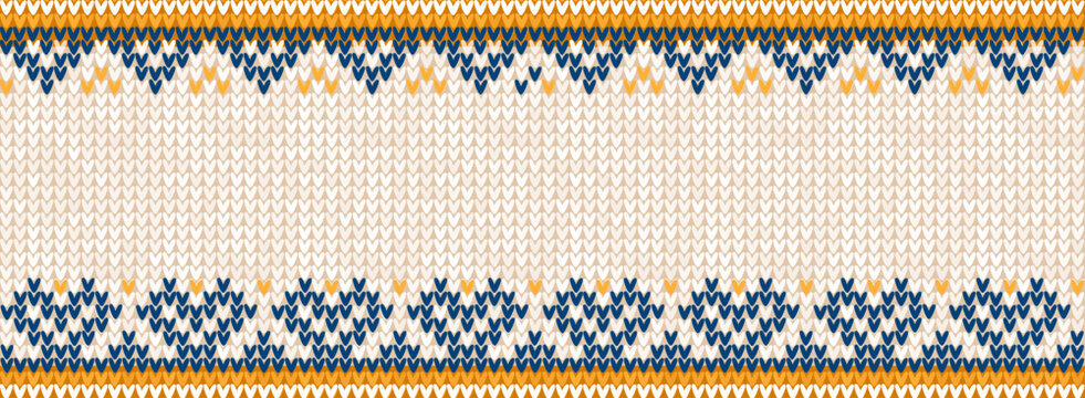 Cozy Knitted Christmas Horizontal Border Banner with Scandinavian Ornaments. Yellow and Blue Sweater Background Holiday Pattern. Ugly Sweater Style fair isle, Knit Design Vector Illustration