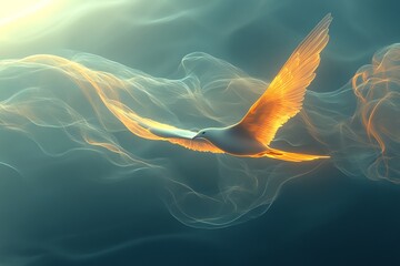 Elegant White Bird with Golden Wings Flying in Bright Sky Among Cloudy Atmosphere