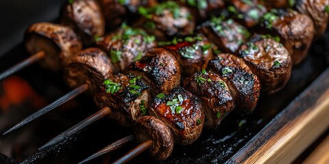 Grilled Beef Skewers with Fresh Herbs and Glaze on Black Surface