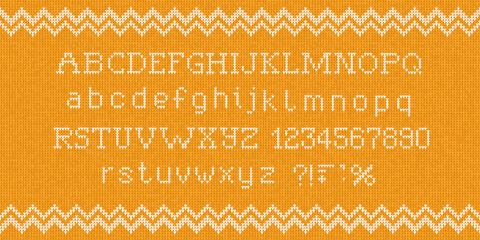 Knitted Alphabet on Blue Fair Isle Seamless Pattern, Cozy Winter Font and Numbers Vector illustration. Scandinavian Knit Christmas Sweater Design. Nordic Knitted Winter Typography