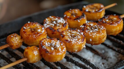 Sweet Caramelized Banana Skewers with Sprinkles Grilling on Barbecue Grill