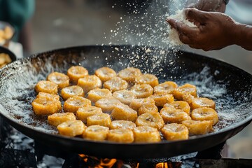 Fried Banana Fritters Cooking in Large Pan with Sugar Dusting in Outdoor Kitchen