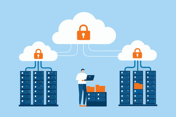 Naklejka premium Secure cloud computing infrastructure with data servers and a person managing data