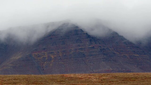 Flock of geese flying in moody Icelandic mountains autumn colors