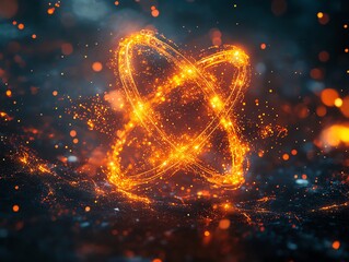 Futuristic Glowing Atomic Model with Bright Orange Sparks in Dark Background