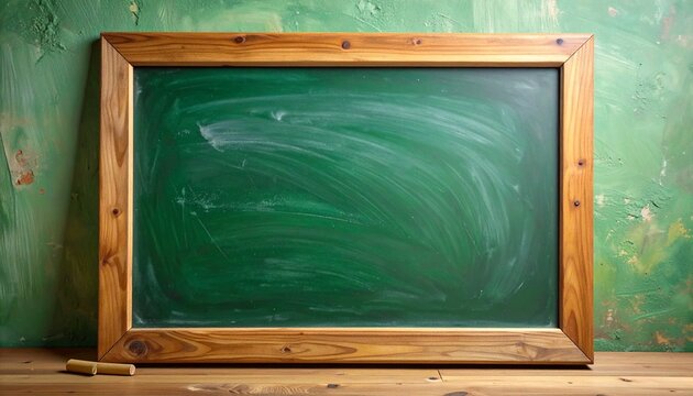 Clean green chalkboard with wooden frame on white wall.