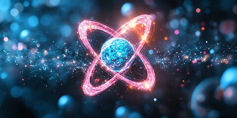 Colorful Digital Illustration of Atomic Model with Glowing Orbitals in Space Background