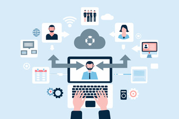 Digital network connecting people and cloud services with data flow and communication icons