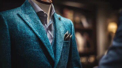 Tailor adjusting jacket fit on mannequin primary figure crisp with blurred environment emphasizing personalized tailoring services and perfect garment adjustments.