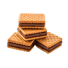 Stack of delicious chocolate cream filled wafer cookies with a textured surface isolated on transparent background