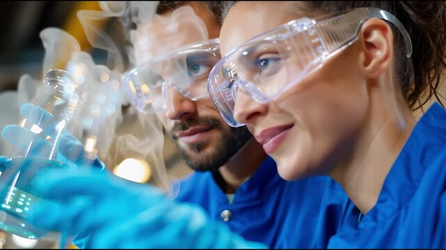 Scientists conduct experiments in laboratory with glass beakers and specialized equipment