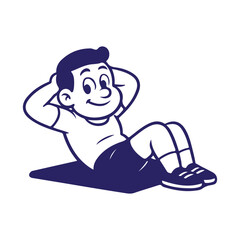 Get fit with this cute cartoon boy doing sit-ups on a mat, great for kids' fitness, health, and exercise content, appealing to educators and parents