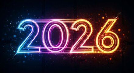 Photo of the number 2026 illuminated with a vibrant neon glow in shades of blue, pink, and orange, set against a dark background, signifying a bright and energetic future