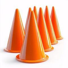 Bright orange sport traffic cones arranged in a row on a white backdrop, ideal for safety awareness and event management visuals, isolated in white background. Perfect for sport concepts.
