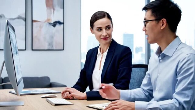 An intern learning from a senior executive at their desk