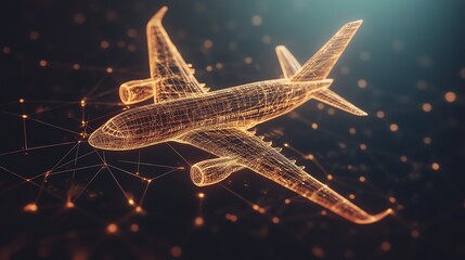 Digital Wireframe Model of Commercial Airplane in Futuristic Technology Style
