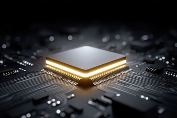 Advanced Microchip Glowing With Golden Light on a Dark Circuit Board Macro Shot With Detailed Connections and Components Illuminated