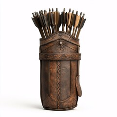 A quiver full of arrows used for sport archery, crafted from leather. Traditional hunting equipment used in archery games, isolated in white background for clear visibility and professional use.