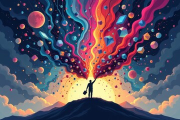 Cosmic Explorer with Guidebook Silhouette Against Colorful Sky