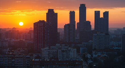 Fototapeta premium Urban dawn: A breathtaking panorama of skyscrapers at sunrise in the city