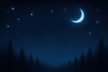Fototapeta premium Calm winter night sky with a glowing crescent moon and sparkling stars above a forest silhouette — ideal for peaceful, dreamy, or Christmas night backgrounds.