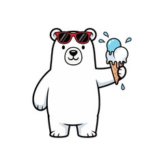 Fototapeta premium A cute cartoon polar bear wearing sunglasses and holding a melting ice cream cone, perfect for summer and sweet treat themes