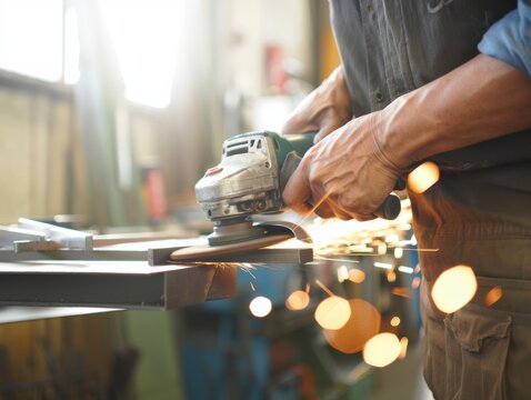 Worker grinds metal with handheld sander on a workbench in workshop