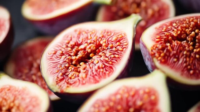 Close up of sliced fresh figs showing textures and vibrant colors