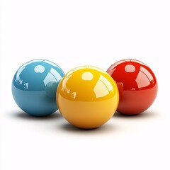 A vibrant arrangement showcases three glossy balls?blue, yellow, and red?casting soft shadows against a pristine white background. Isolated, the composition conveys simplicity and visual harmony.