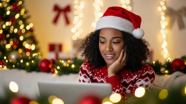 Woman in santa hat smiles at laptop during christmas, festive lights