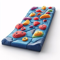 A colorful rock climbing wall simulator on a padded, interlocking blue surface, perfect for playful exercise at home. Shot isolated in a clean, bright white background studio setting.