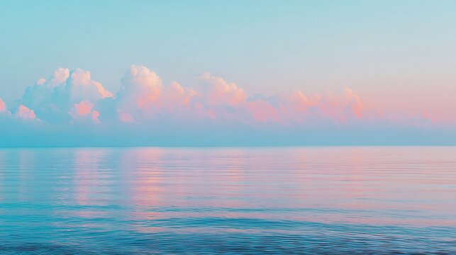 Calm ocean horizon paired with a soft pastel sunrise, featuring a wide sky that leaves plenty of copy space, capturing the serene and peaceful morning vibe over the quiet sea.
