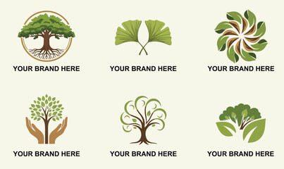 Premium Tree and Nature Logo Set - Eco-Friendly, Organic, Environment, and Health Brand Identity Collection with Ginkgo Leaves and Roots Vector