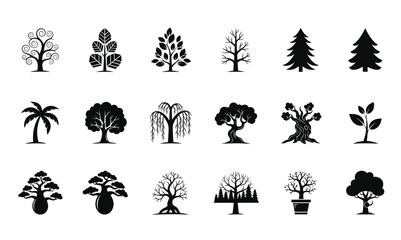 Diverse Tree Icon Set - Monochrome Vector Silhouettes of Broadleaf, Pine, Palm, Willow, and Bonsai Trees - Nature, Forest, and Ecology Collection
