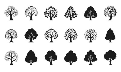Set of  Stylized Tree Icons - Diverse Monochrome Silhouettes of Broadleaf and Abstract Trees - Nature, Forest, Ecology, and Landscape Vector Collection