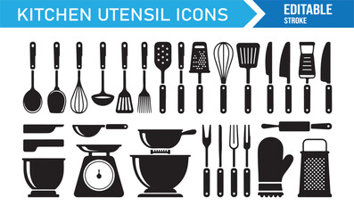 Cooking utensil icon collection, vector line and solid kitchen tools for culinary and household illustrations
