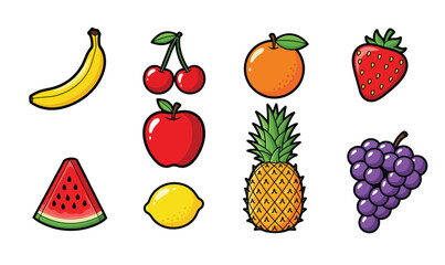 Set of Eight Colorful Cartoon Fruit Icons - Banana, Cherry, Orange, Strawberry, Apple, Watermelon, Lemon, Pineapple, and Grapes Vector Collection